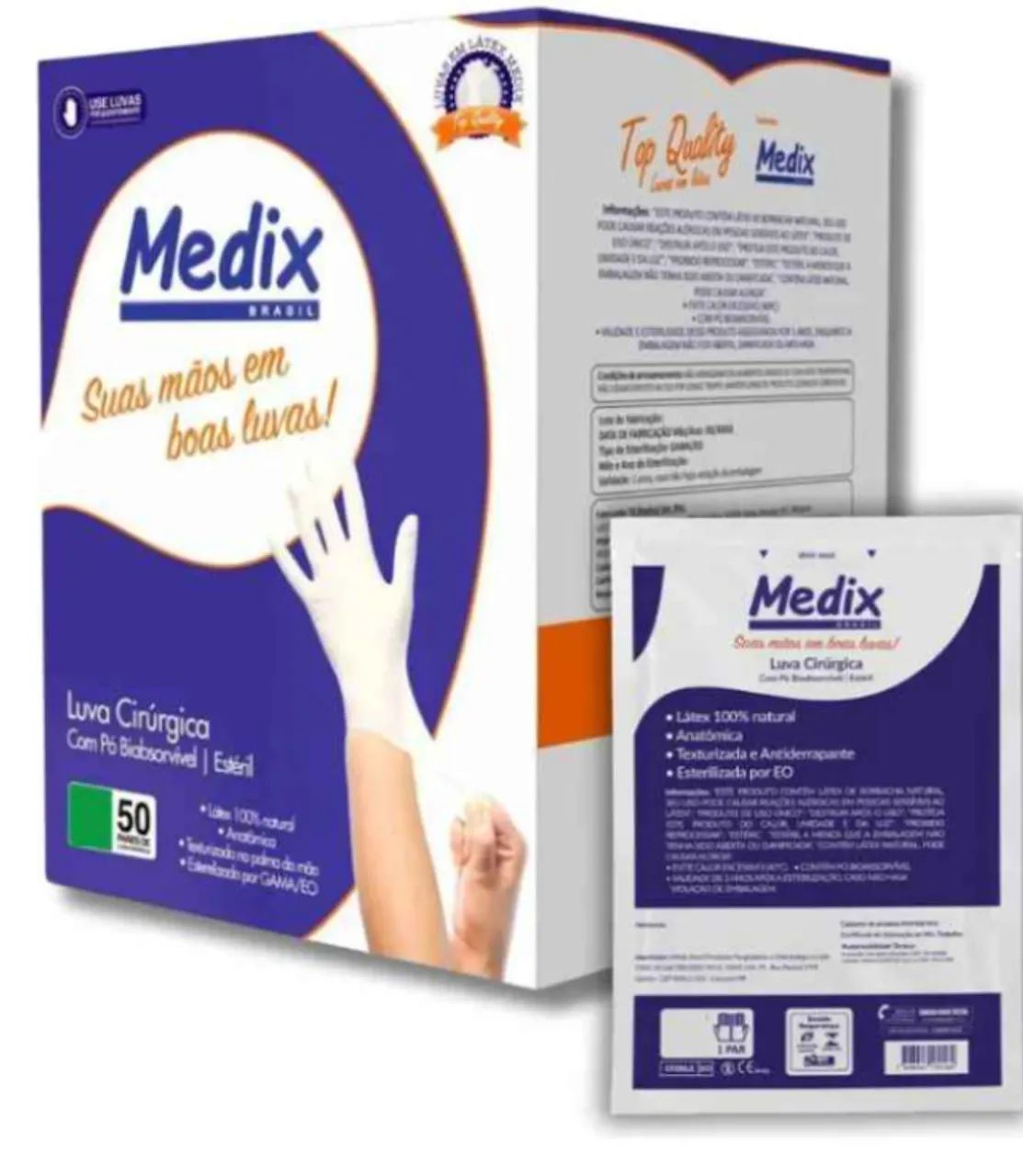 Luva Estéril Cirúrgica C/ Pó 7.5 Kit C/ 50 Pares - Medix Cor Branco
