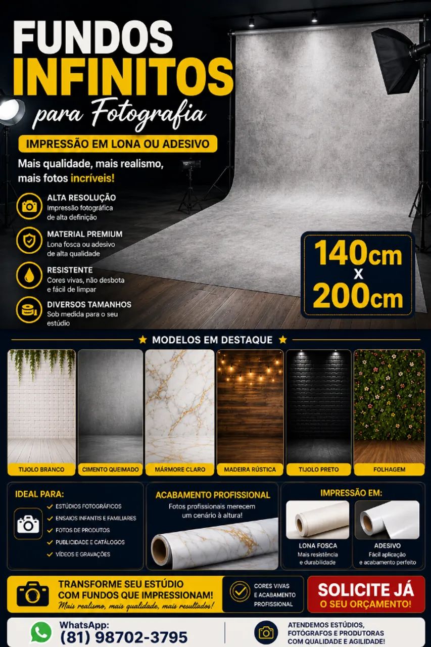 Fundos Infinitos para Fotografia | Impressão em Lona ou Adesivo | 140x200 cm