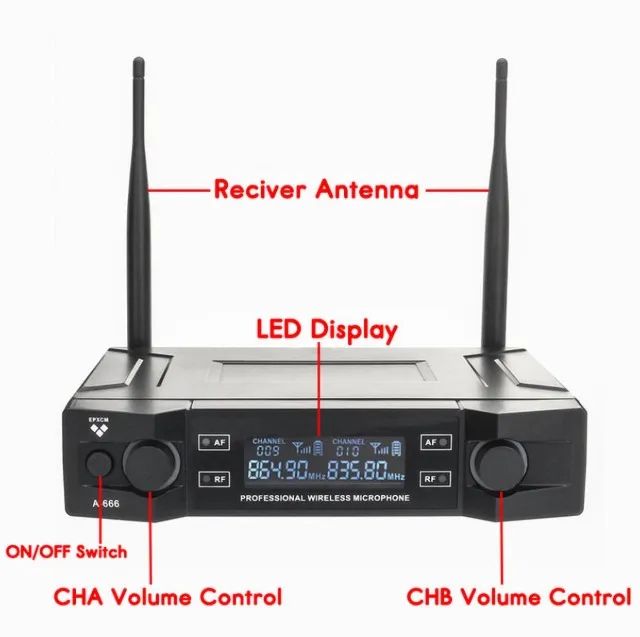 Microfone Profissional Sem Fio UHF Duplo E Frequência Ajustável - A-666 - Foto 2