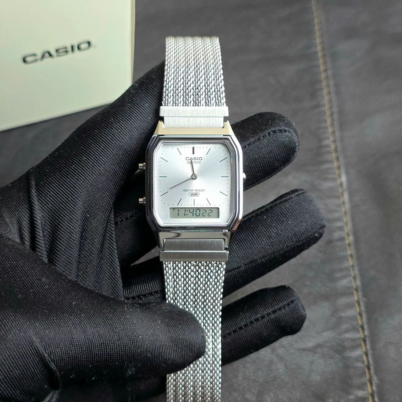 Relógio Casio Dual Time AQ-230EM prata milanese 