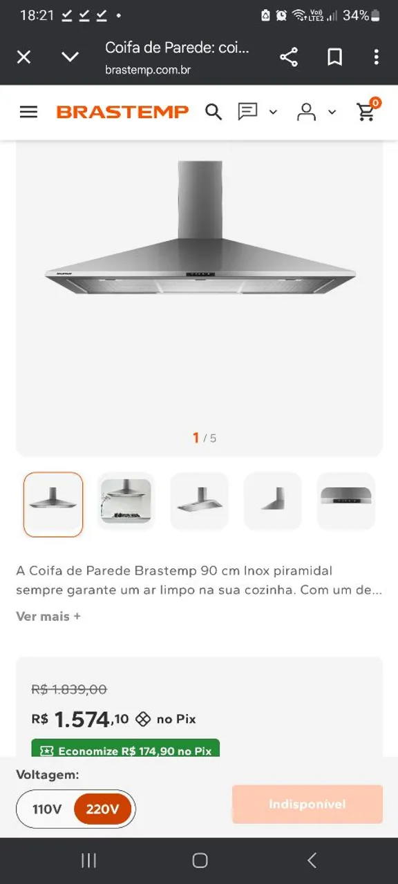 Coifa de Parede Brastemp 90 cm Inox Piramidal