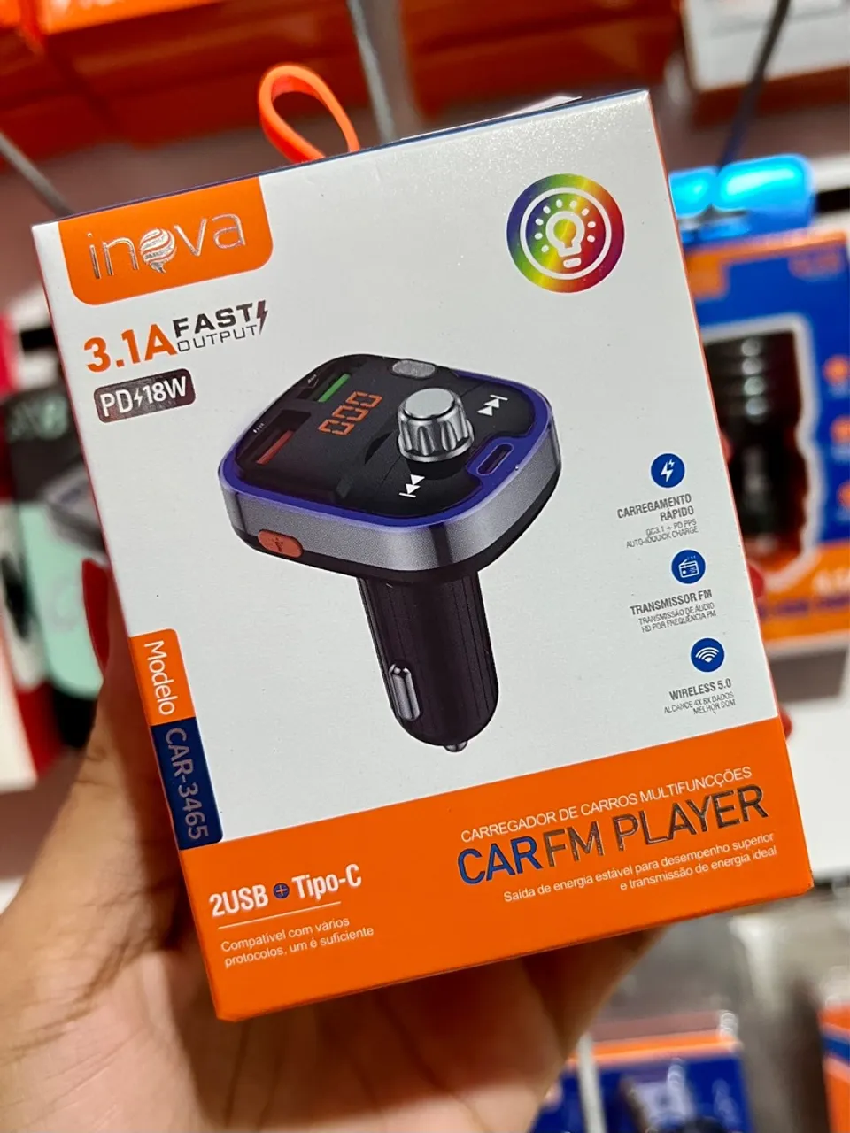 Carregador Veicular/Carro (Bluetooth, MP3 2 USB, Tipo-C, Luz RGB Colorido)