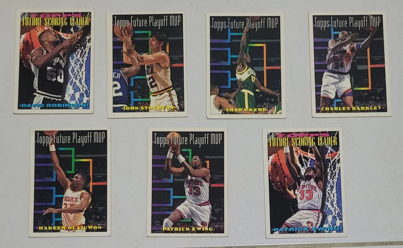 Lote com 7 cards NBA future playoff MVP Barkley Olajuwon Robinson Ewing Stockton Kemp