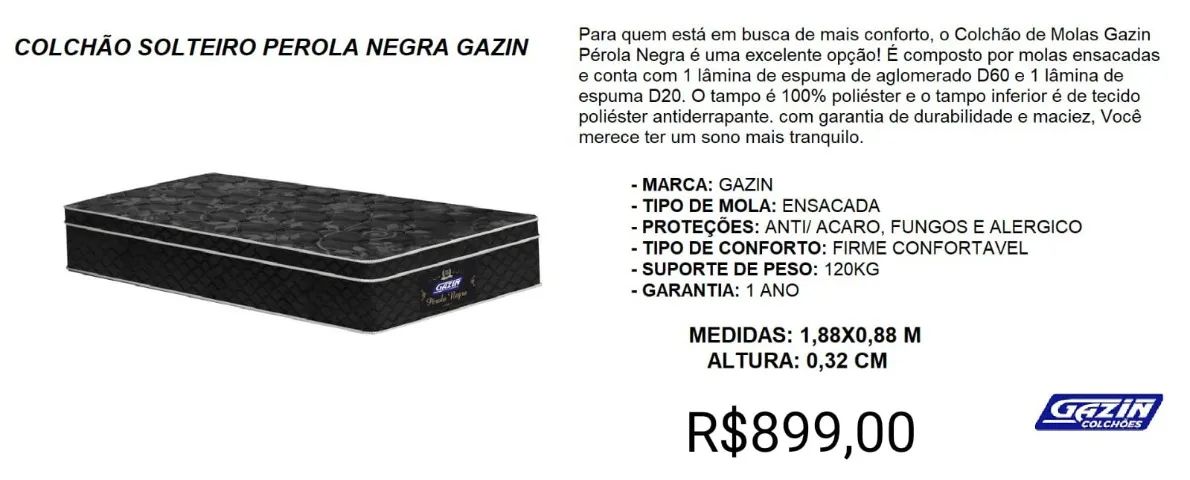 COLCHÃO SOLTEIRO GAZIN MOLAS ENSACADAS A PRONTA-ENTREGA 
