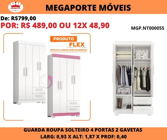 Guarda Roupa Solteiro 0,93cm com 4P 2G