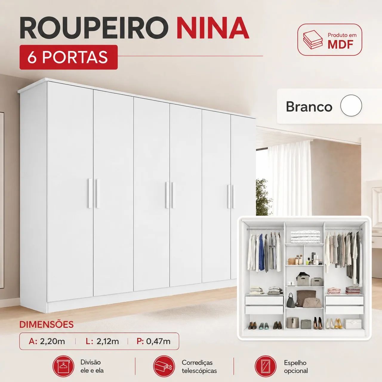 Guarda roupa 100% MDF Nina - Branco 