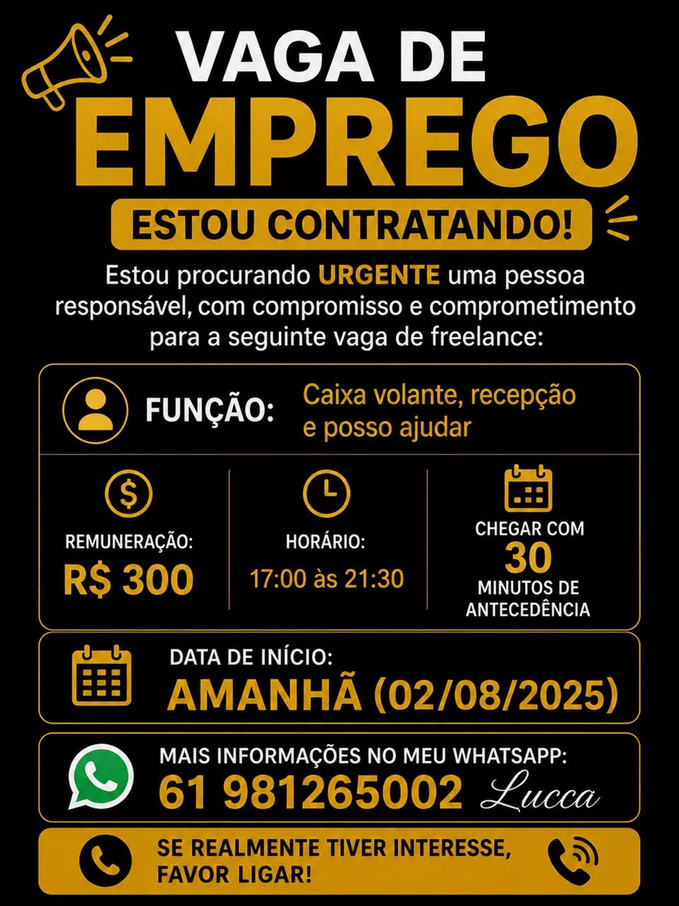 Vaga de emprego URGENTE PARA AMANHÃ SP