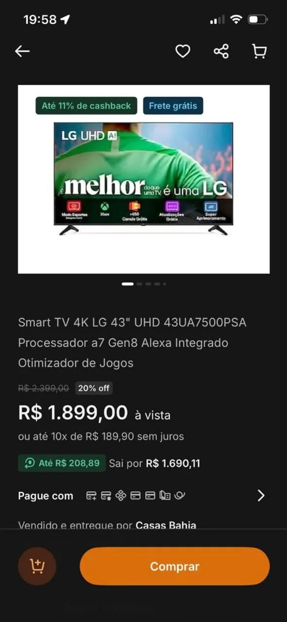TV 4K LG de 43 polegadas, modelo 43UA7500PSA. - Foto 4