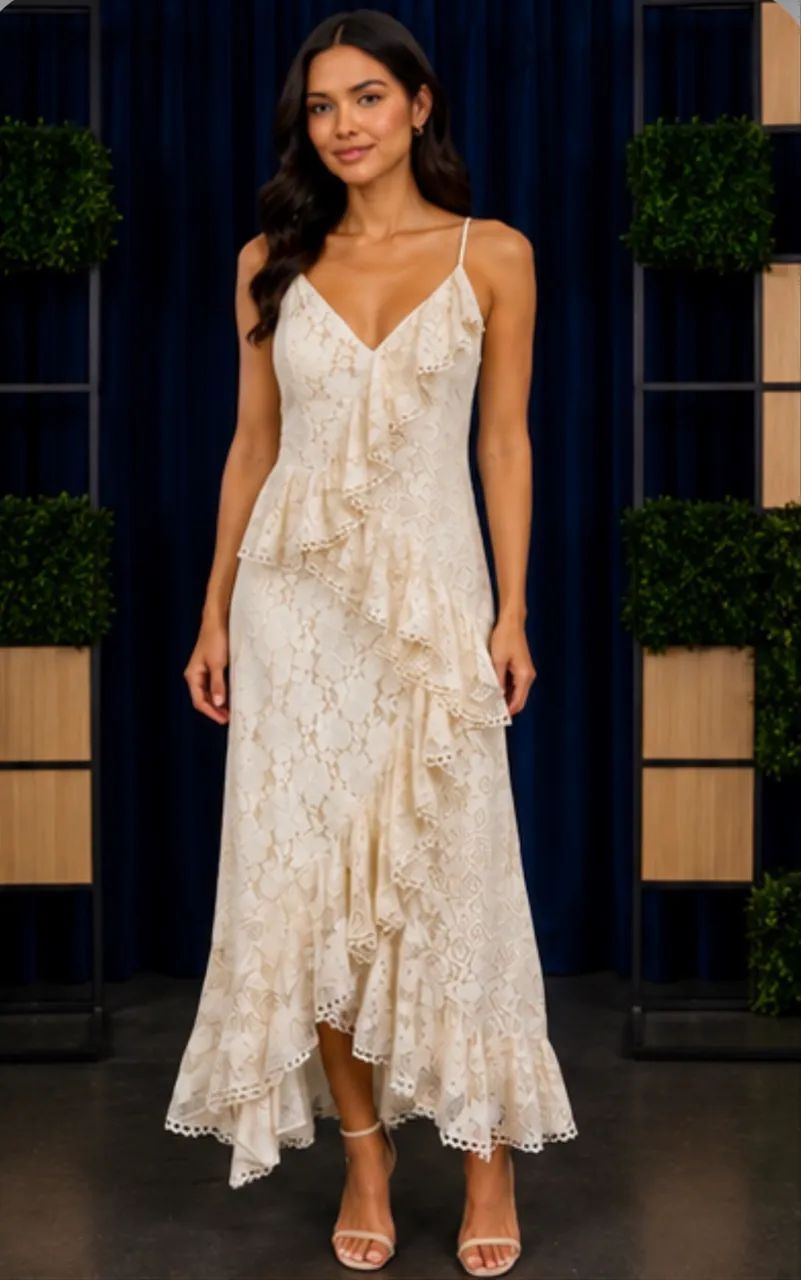 Vestido longo Renda Babado Farm Off White 