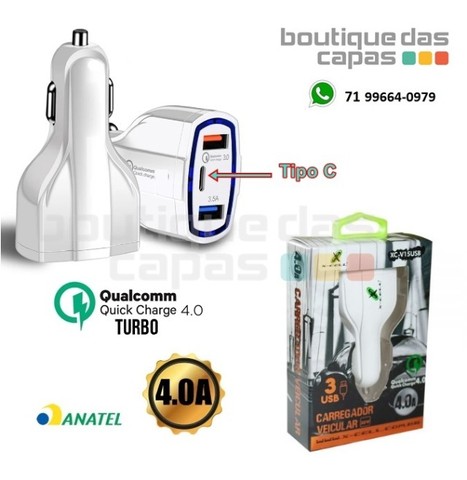 Carregador Veicular 2 USB + 1 tipo c Type-C 30W 4.0A XC-V15USB iphone 11 12 Anatel