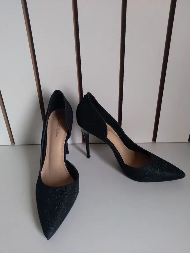 Sapato social feminino salto alto preto com brilho Calçados