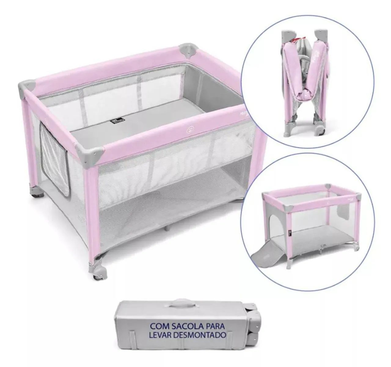 Berço Portátil Dobrável Rosa - Novo
