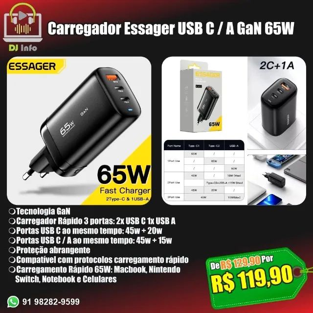 Carregador Rápido Essager GaN USB A / C 65W