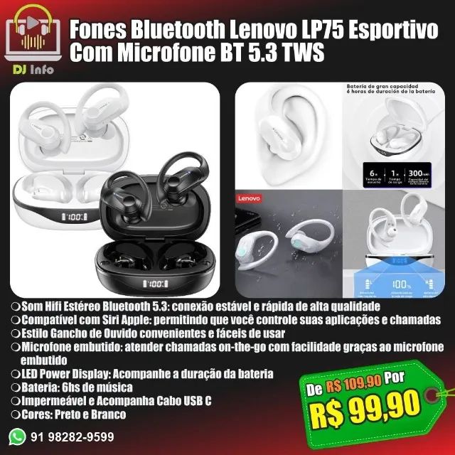 Fones Bluetooth Lenovo LP75 Esportivo Com Microfone BT 5.3 TWS