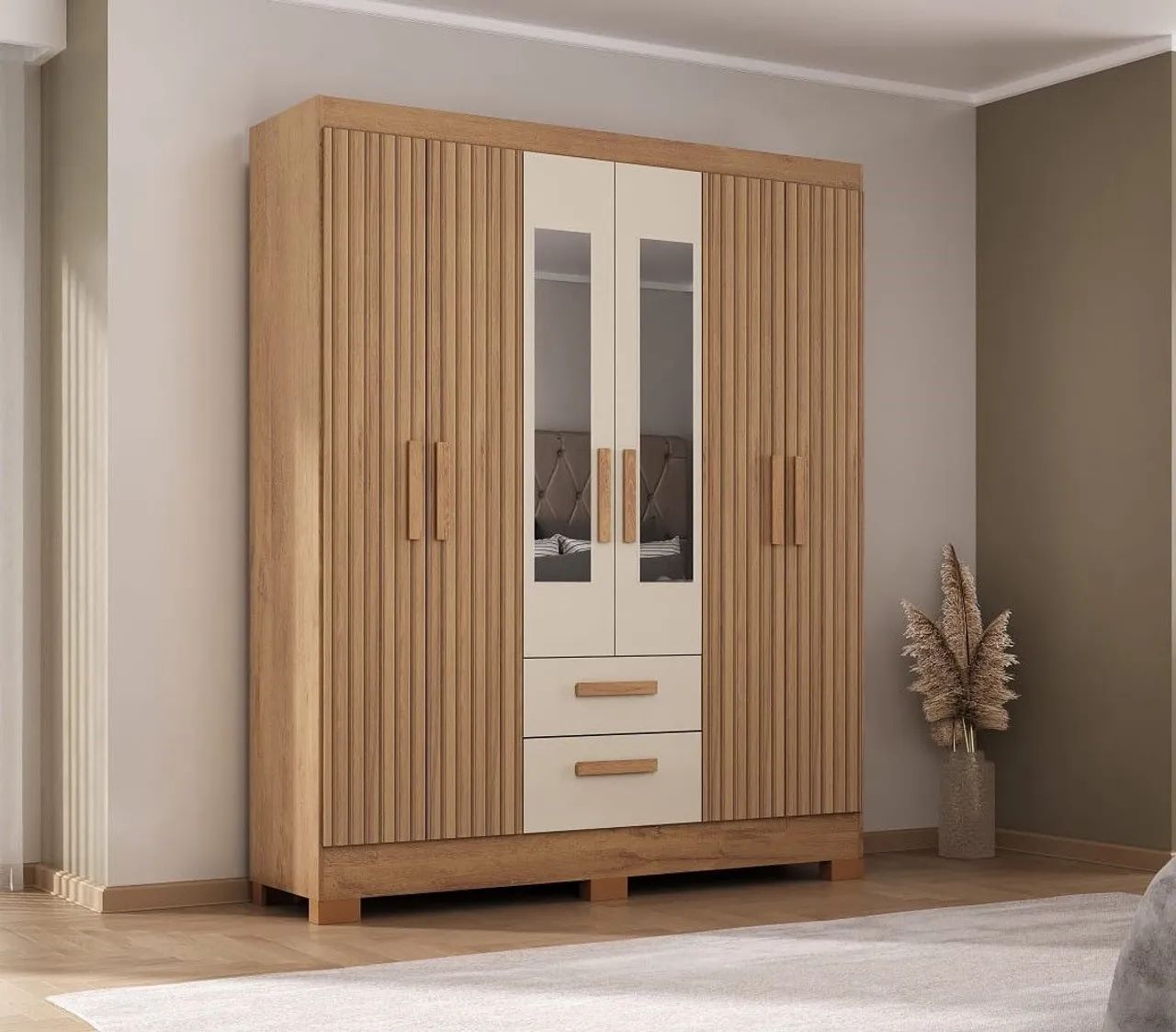 Roupeiro Fortaleza Plus 6P2G com Pes e Espelhos Canelato Rustico