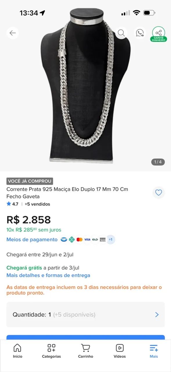 Prata 925 cola mas pingente 