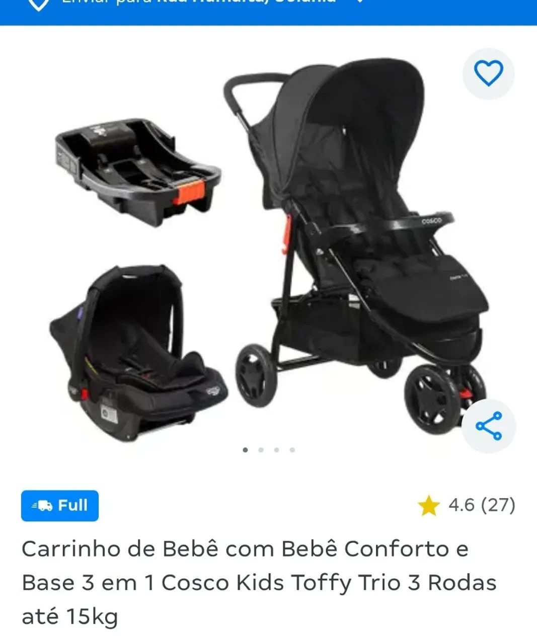 Carrinho bebê Cosco com bebê-conforto e base veicular