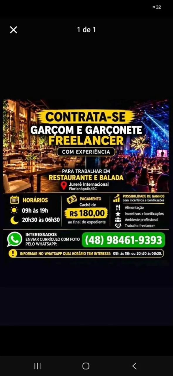garçom/ garçonete FREE PARA TEMPORADA 