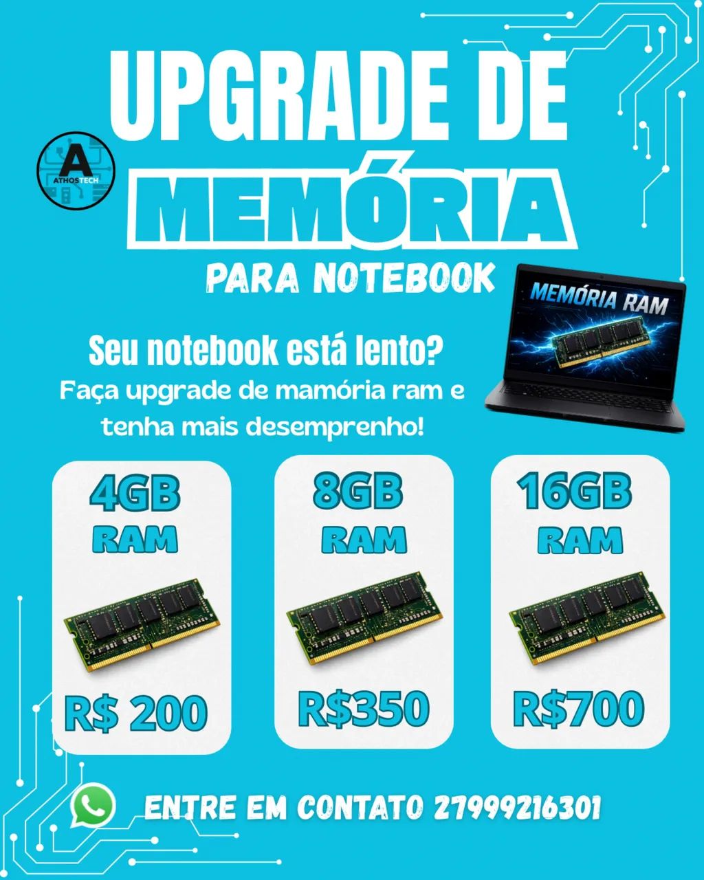 MEMÓRIAS - 16GB RAM, 8GB RAM, 4GB RAM - INCLUSO INSTALAÇÃO, TEMOS SSD TAMBÉM
