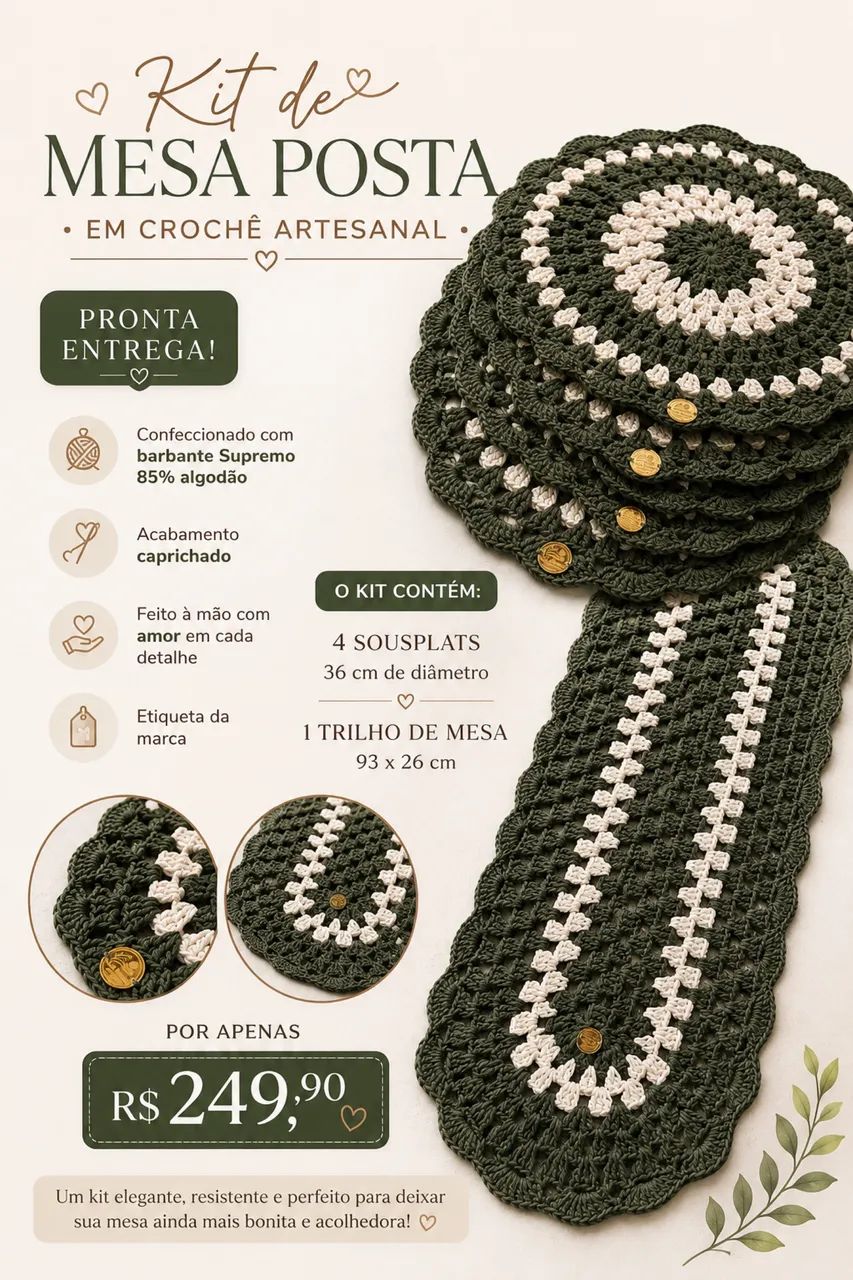 Kit Mesa Posta em Crochê | 5 Peças | Pronta Entrega - Foto 5