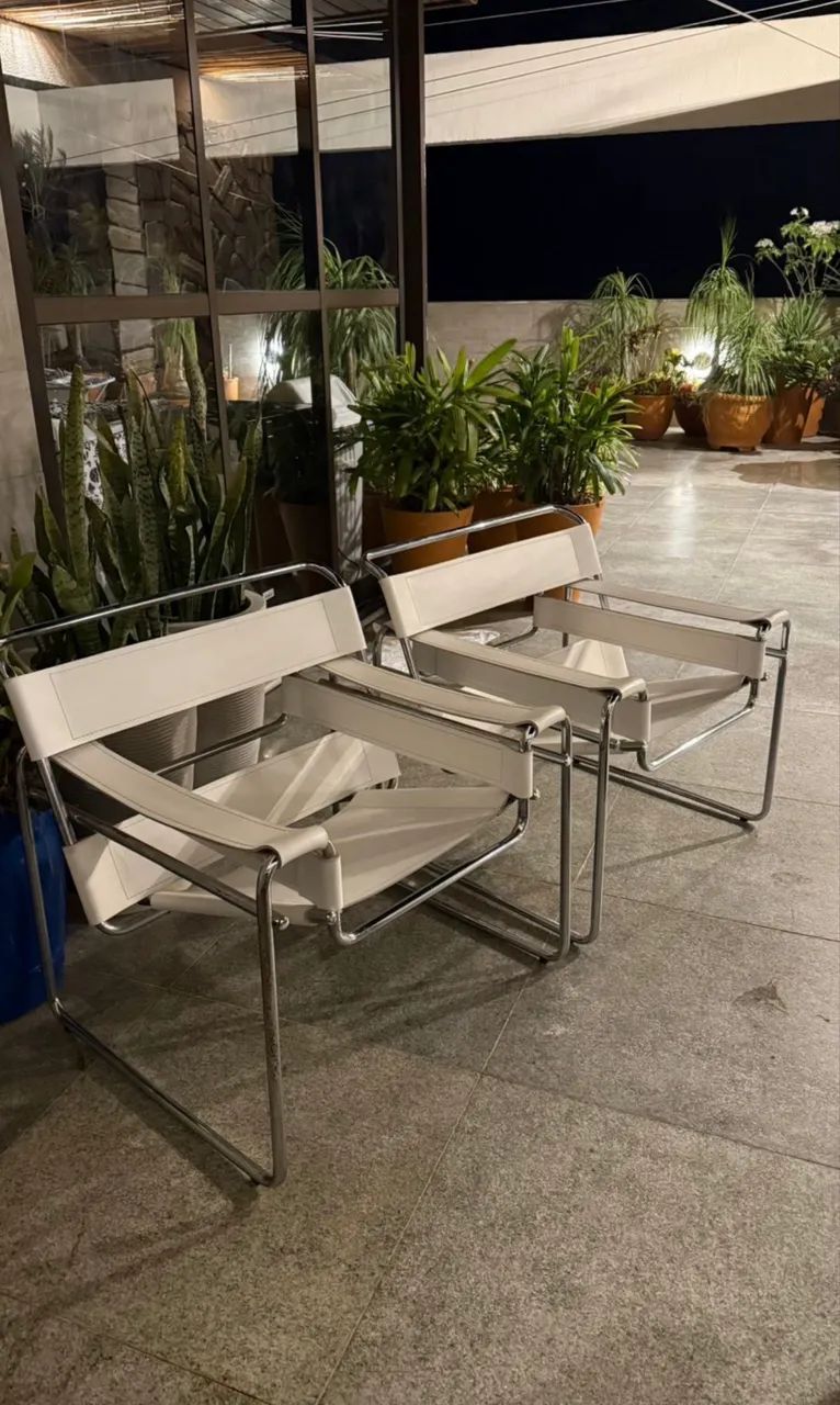 Wassily Chair Pair, Chrome-Finished with White Leather