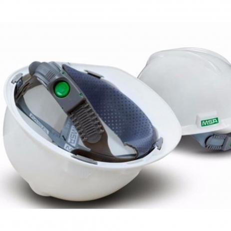 Capacete branco MSA V-Guard com carneira push key
