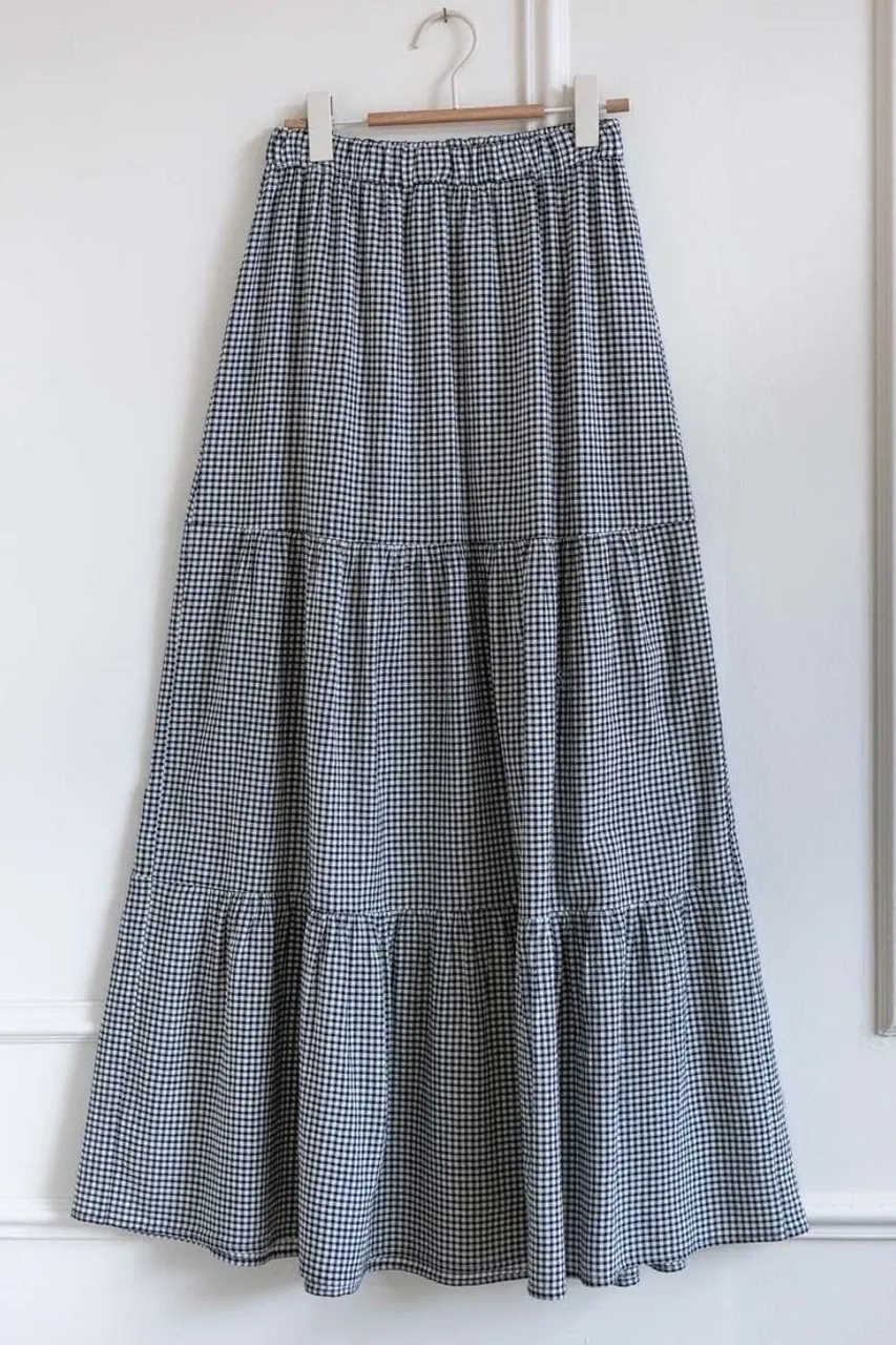 Saia Gingham Midi com listras