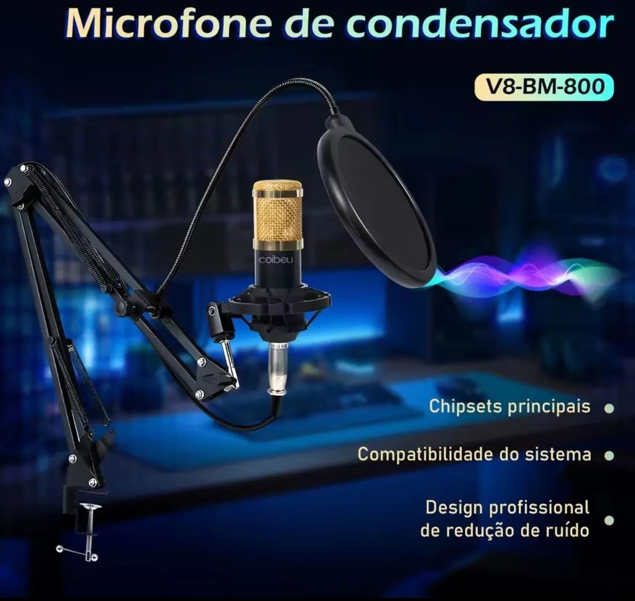 Kit completo e original, microfone condensador profissional bm800 com acessórios 
