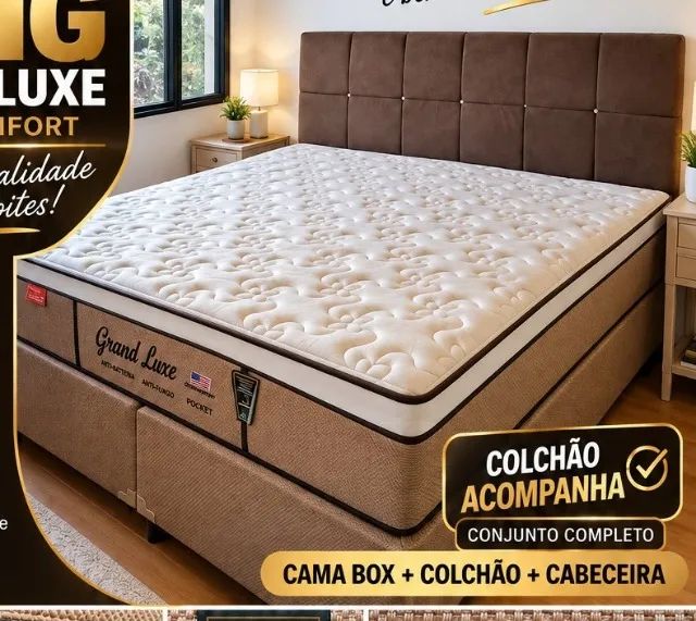 Cama Box King + Colchão + Cabeceira - R$ 1.490
