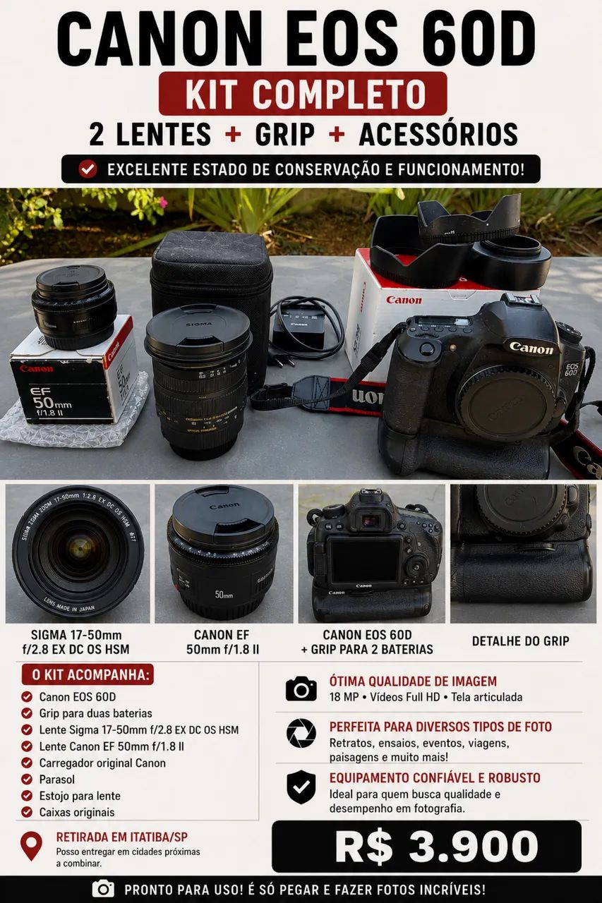Cânon EOS 60D com duas lentes de acessórios 