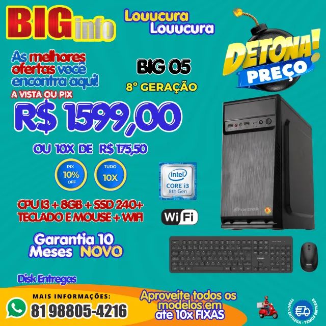 Computador Cpu I3 8°geração + 8gb Ddr4 + SSD 240 8 Gb - Em ate 10x Fixas 