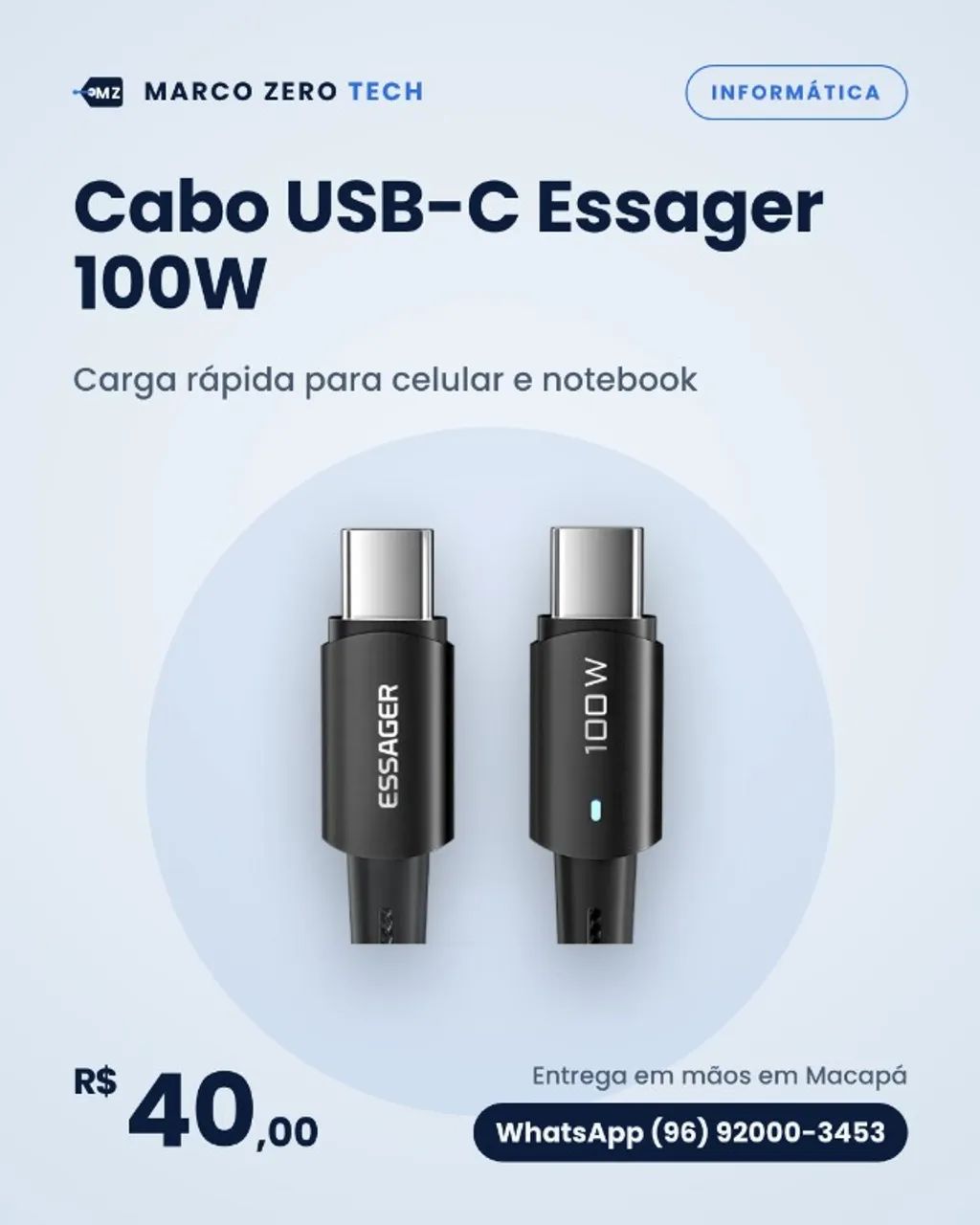Cabo USB-C Essager 100W Carga Rápida 1m