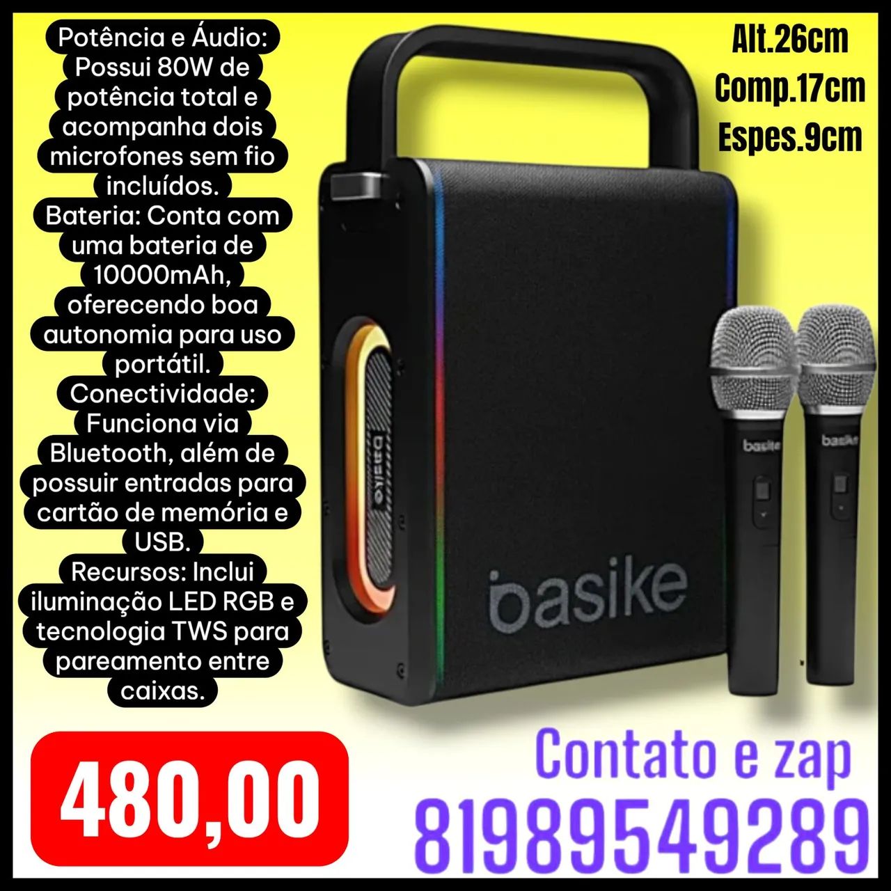 Caixa de Som com Karaokê Basike Ba-RAD237. 