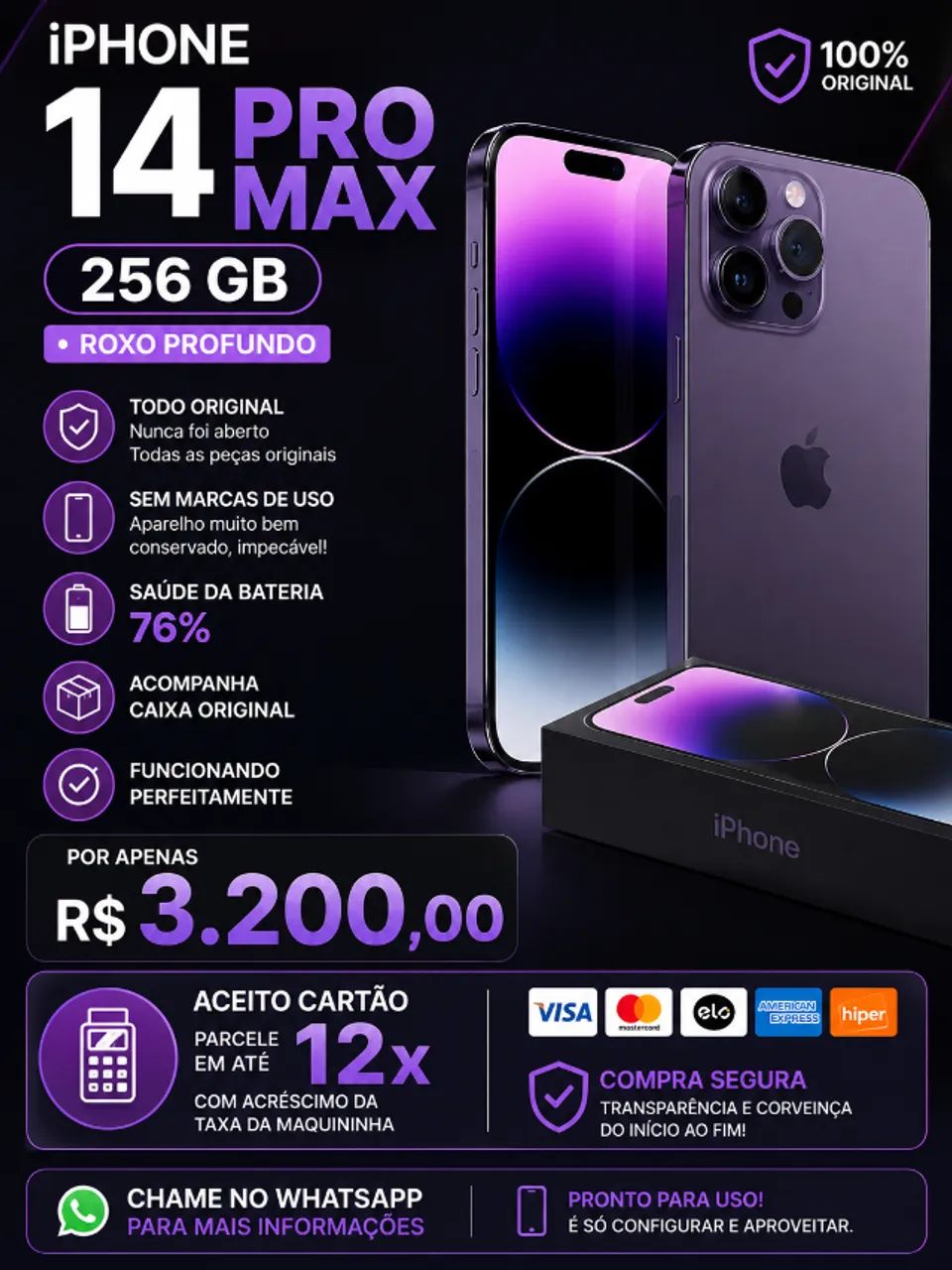 iPhone 14 Pro Max, 256GB, roxo