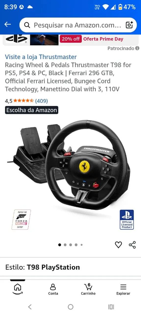 Volante e pedal acelerador T98 Ferrari 296 GTB - PS5, PS4 e PC - 4169105  - Foto 4