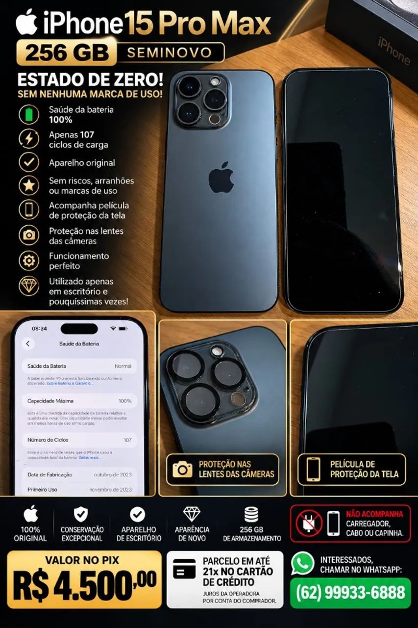 Iphone 15 pro max 256gb (bateria 100%)