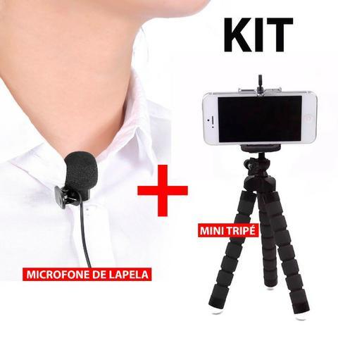 Kit Microfone Lapela + Mini Tripé Gravação Celular Youtube
