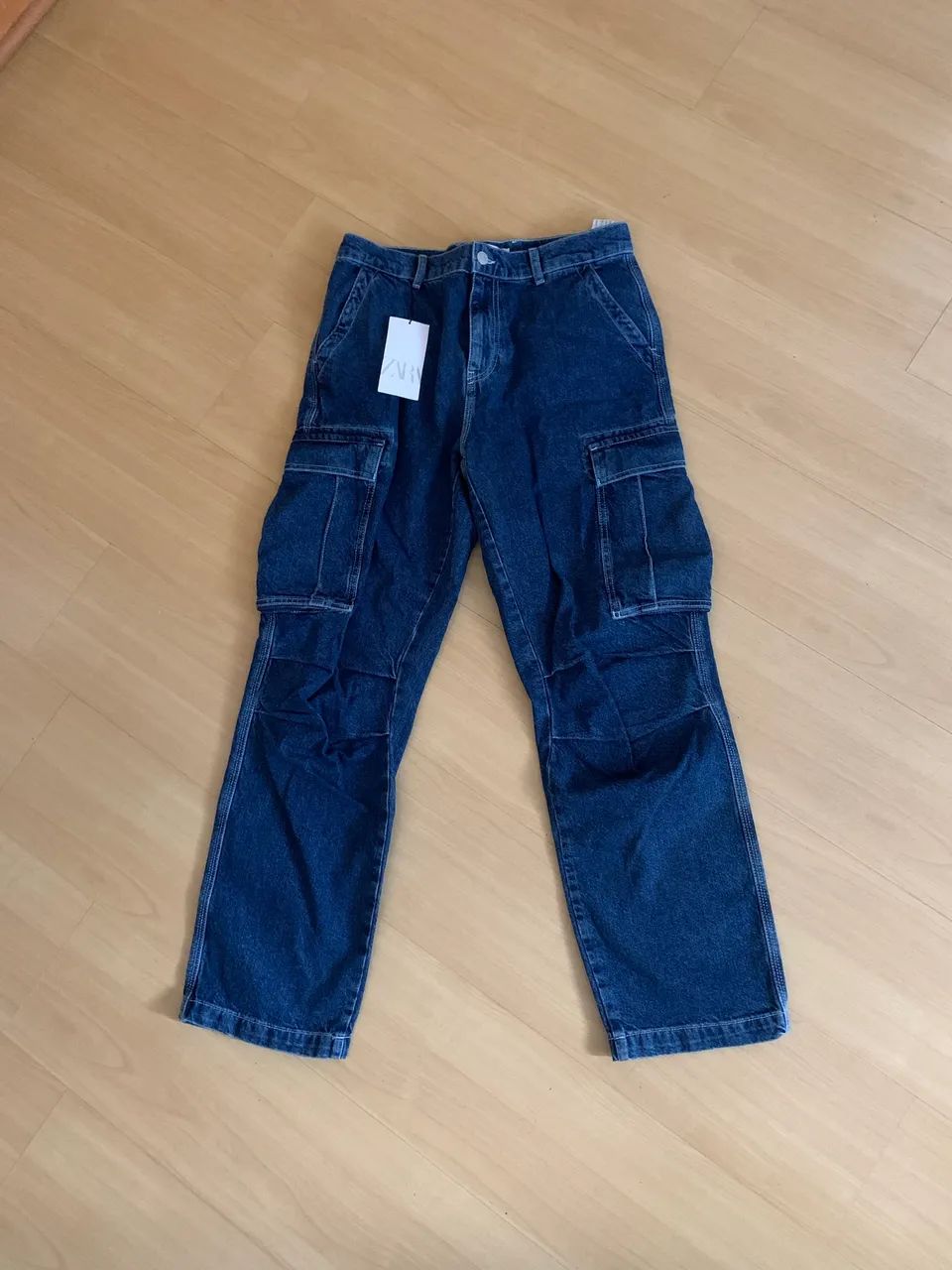Calça zara cargo relaxed azul nova
