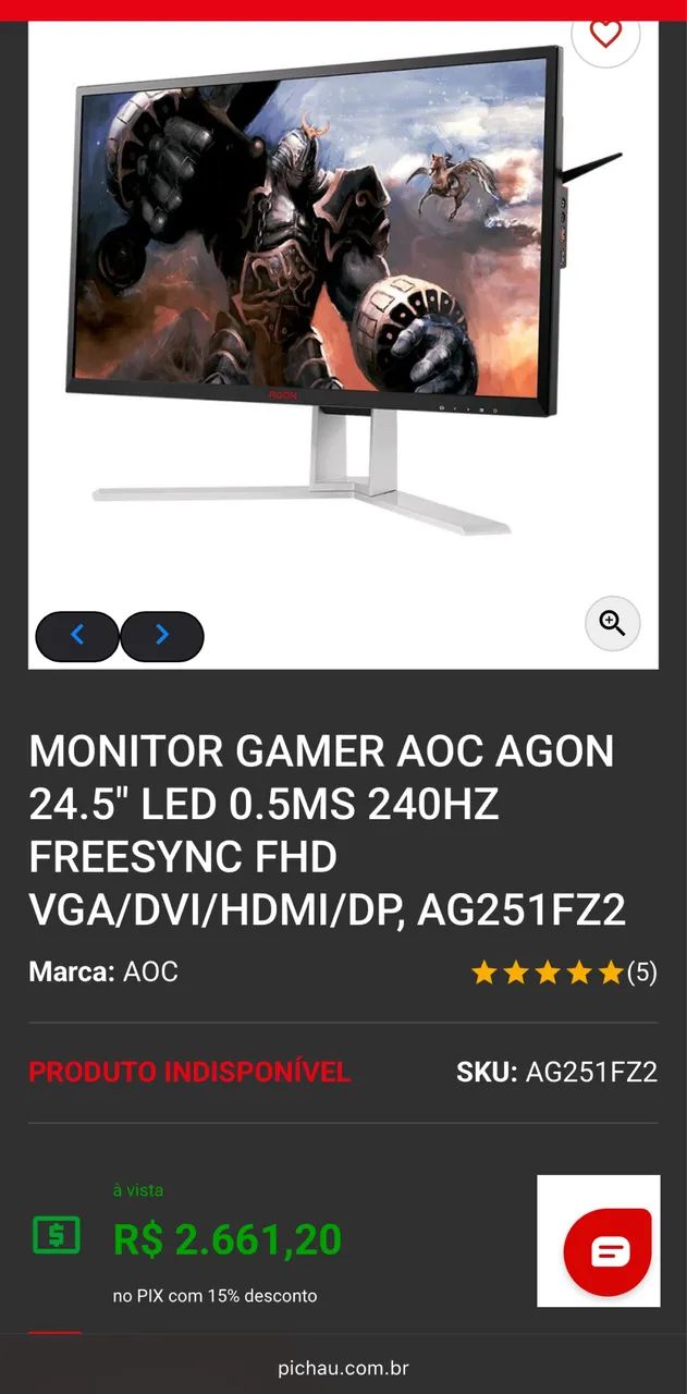 MONITOR GAMER AOC AGON LED 240HZ FREESYNC FHD VGA/DVI