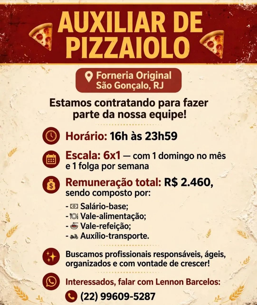 VAGA - AUXILIAR DE PIZZAIOLO