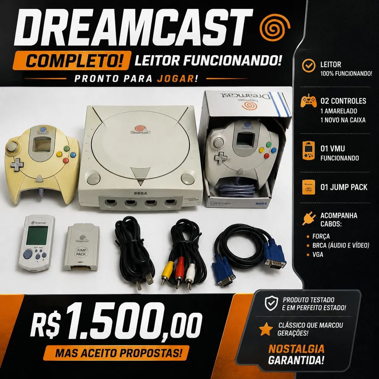 Dreamcast completo com acessórios e com leitor funcionando perfeitamente