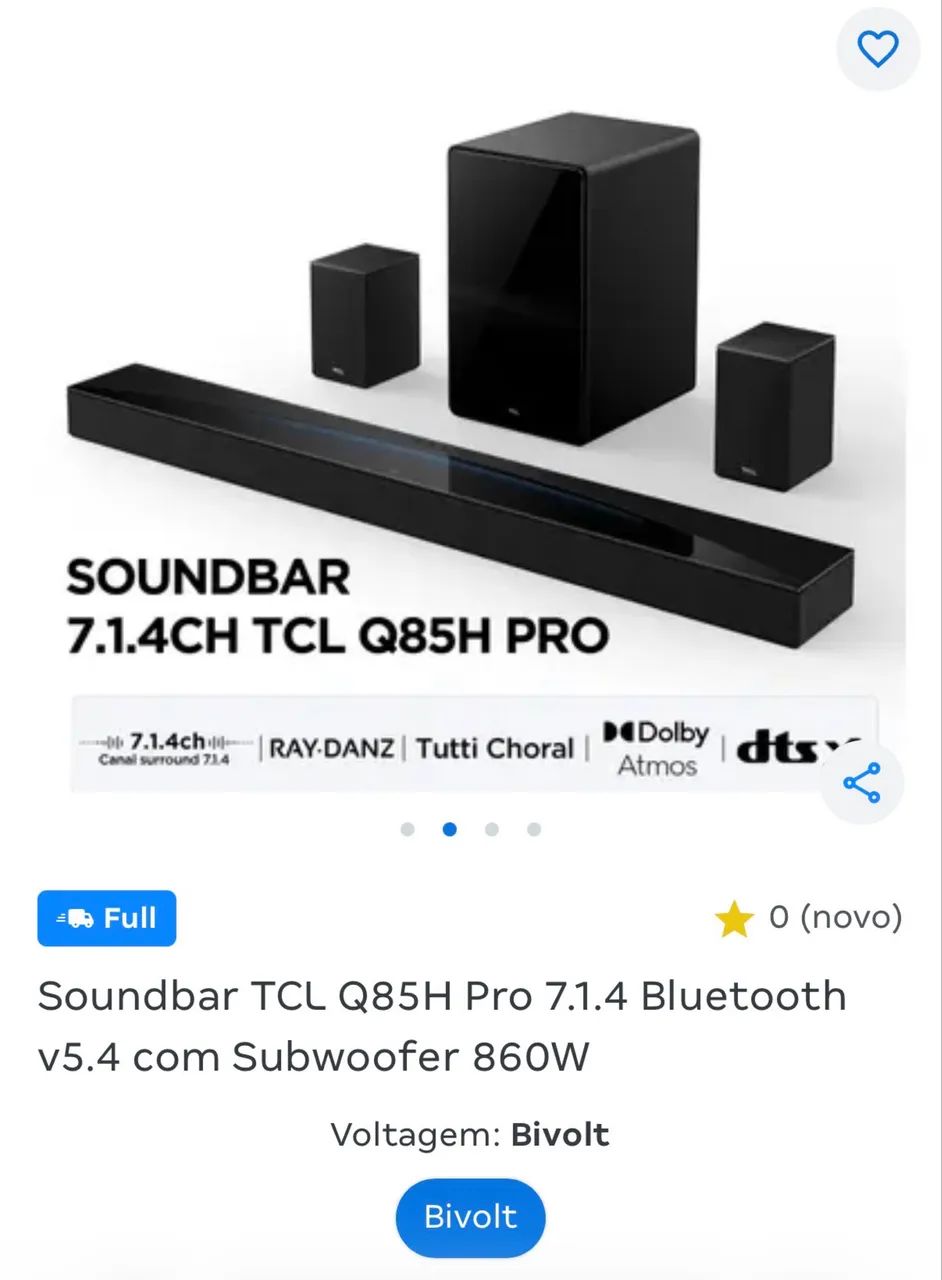 Soundbar TCL Q85H Pro 7.1.4 Bluetooth v5.4 com Subwoofer 860W