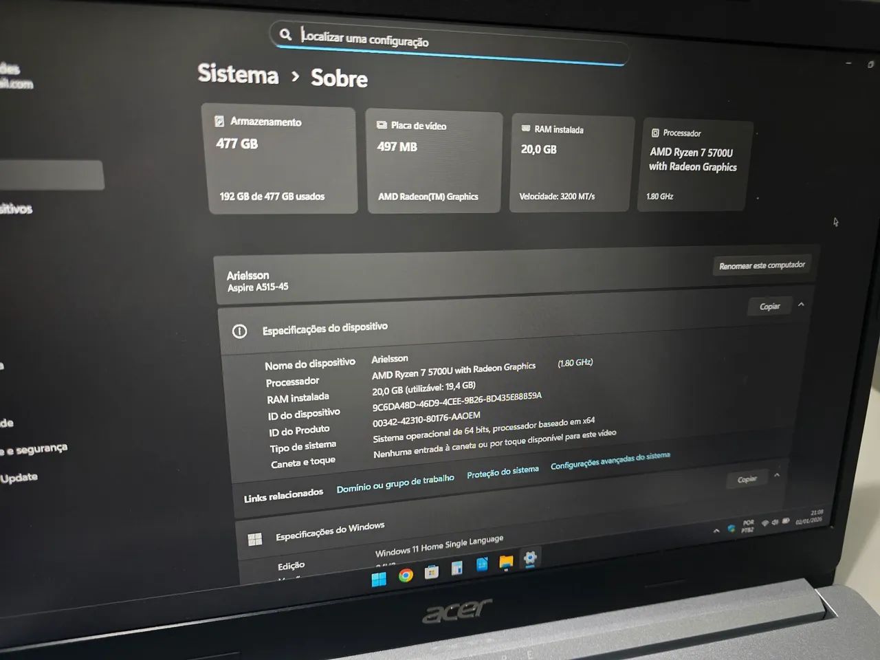 Acer Aspire 5 Ryzen 7 5700u (com upgrade!!!) - Foto 4