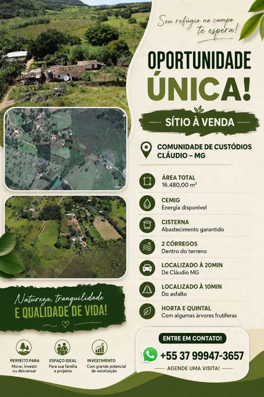 Sitio a venda na comunidade de custódios cláudio-mg