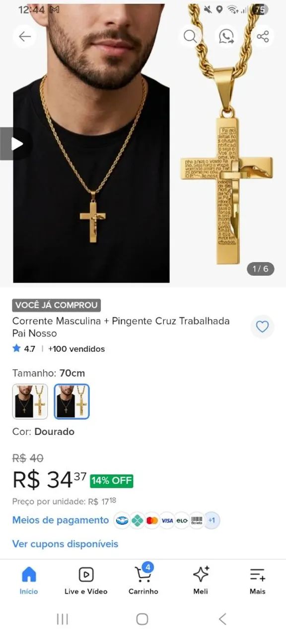 Corrente masculina com pingente de cruz  - Foto 3