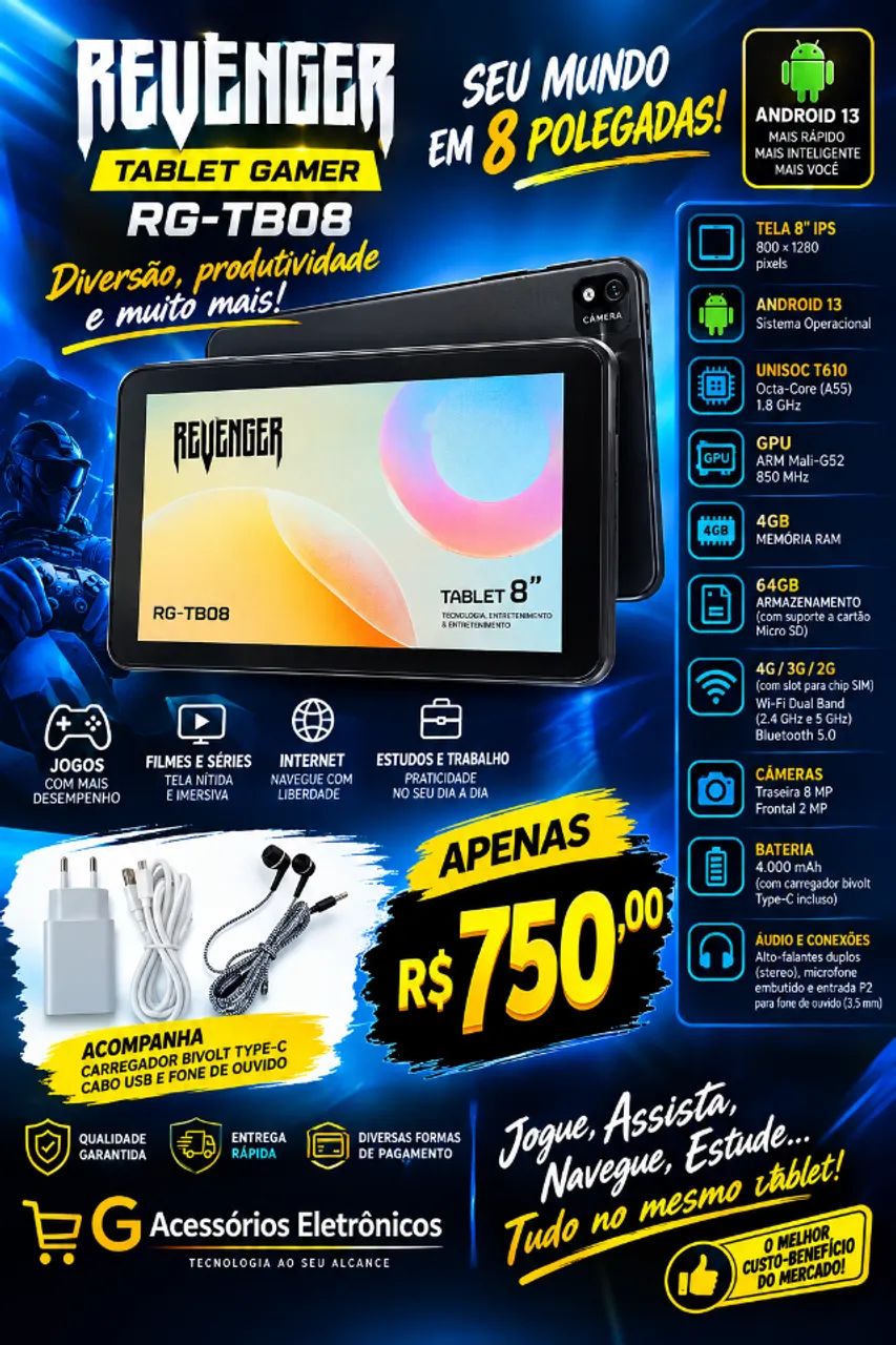 Tablet Revenger RG-TB08 LACRADO COM GARANTIA 