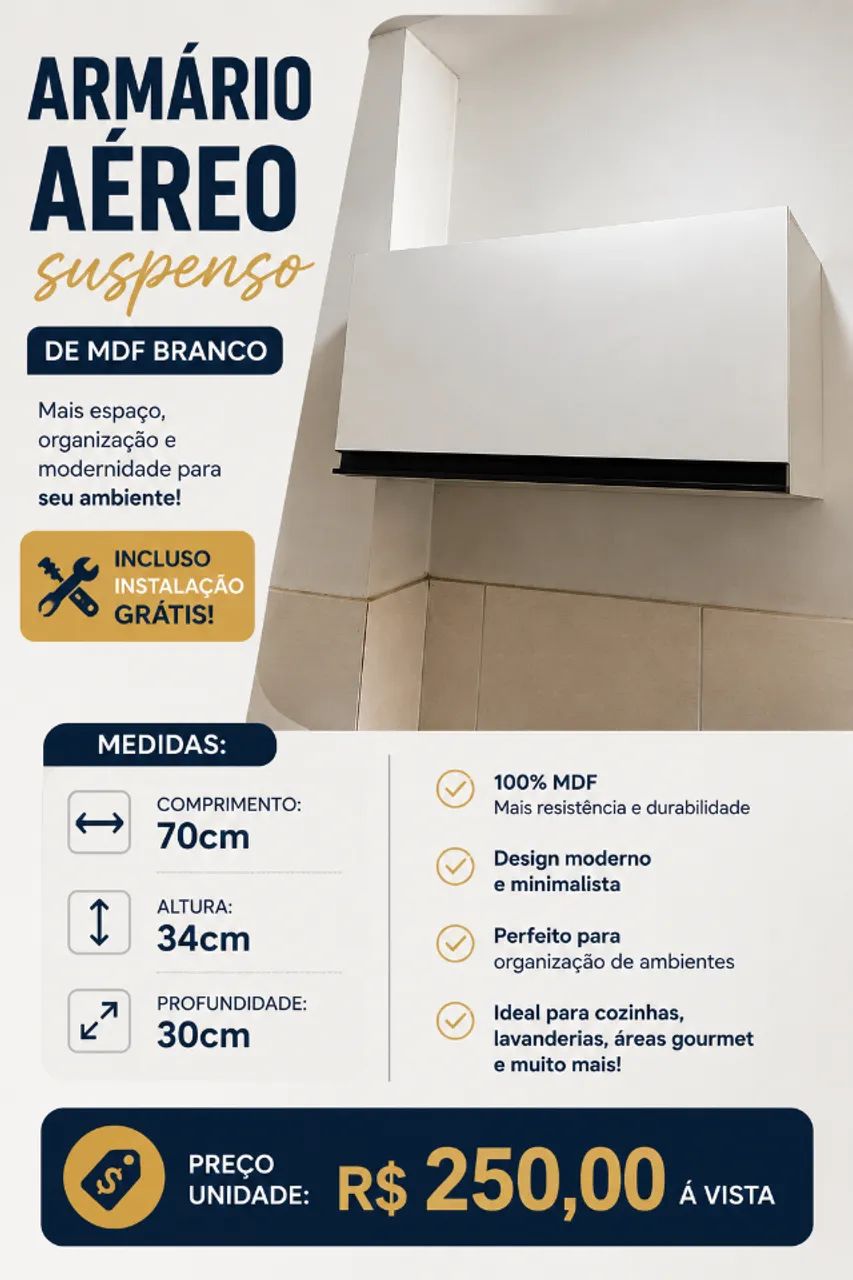 Armário Aéreo Branco Novo MDF - Organização e Praticidade