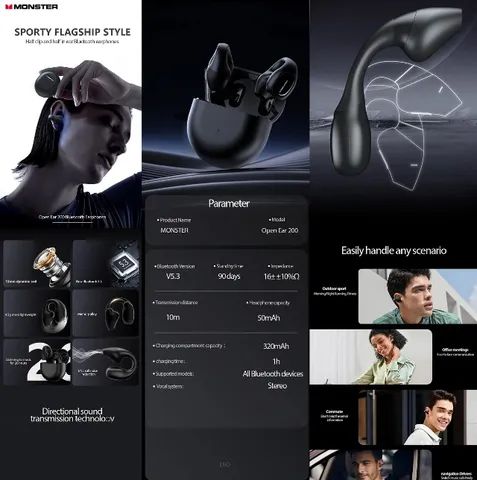 Fones de ouvido estéreo Monster Open Ear 200 MH-22175 Conduction Sport Bluetooth Original  - Foto 6