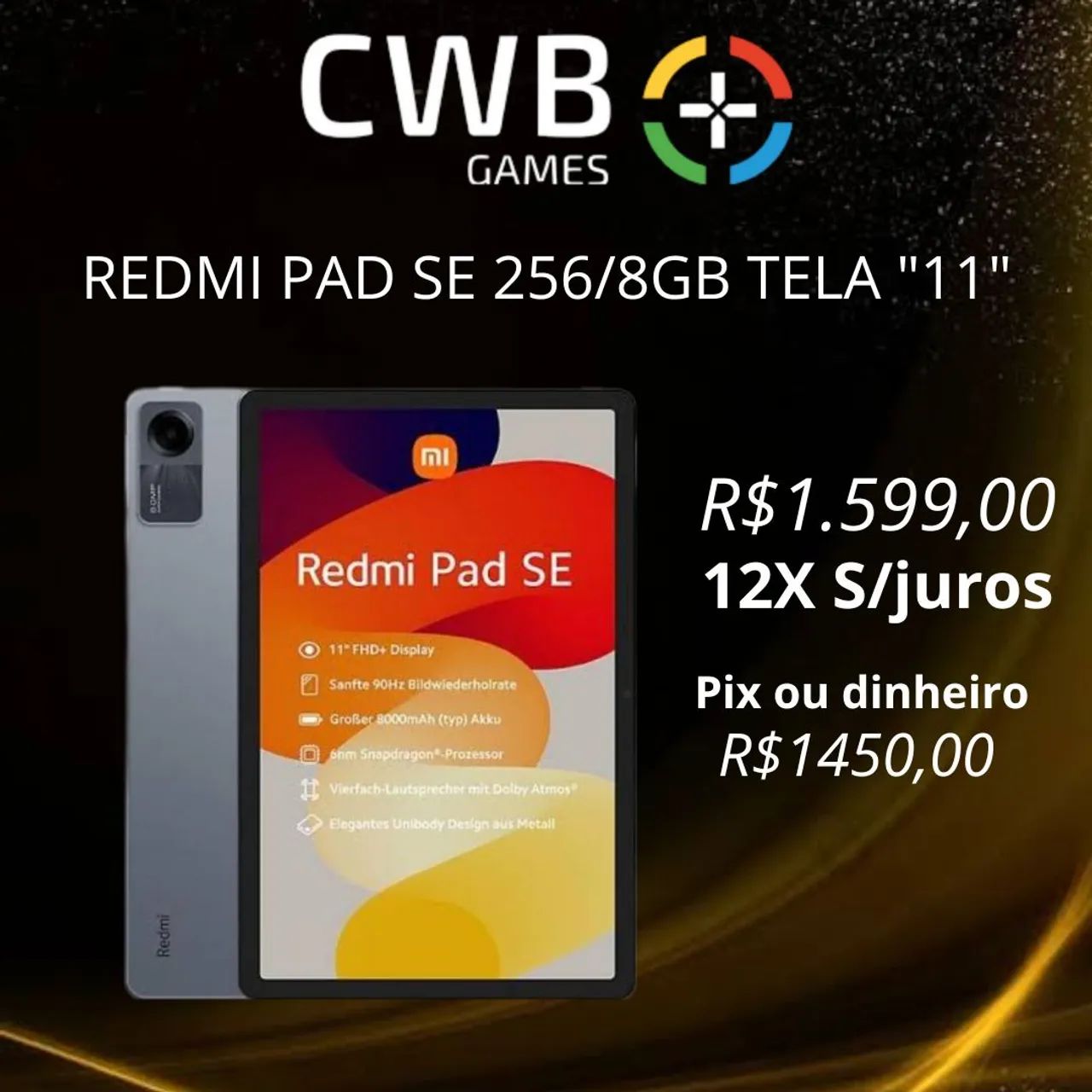 Tablet Redmi PAD Se Xiaomi 128/6GB TELA "11" Pol Global Novo Lacrado Pronta Entrega Loja 