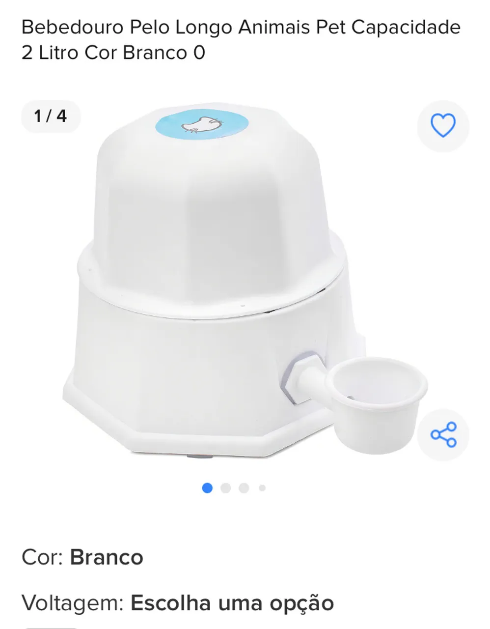 Bebedouro para Animais - 2 Litros - Branco